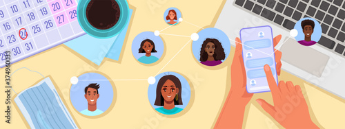 Group chat or online communication vector background with diverse people avatars, hands, smartphone screen. Remote online teamwork during pandemic banner. Group chat workplace top view flat concept