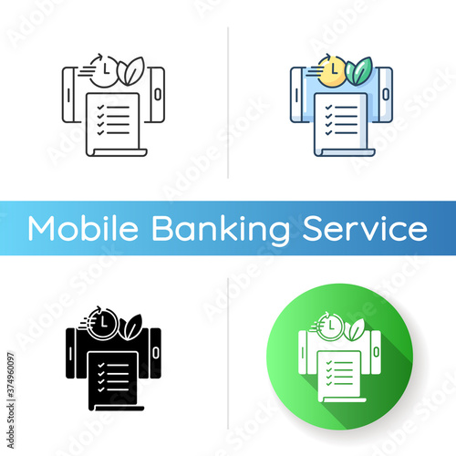 Paperless statements icon. Electronic bill. Online document on smartphone screen. E wallet, financial application. Linear black and RGB color styles. Isolated vector illustrations
