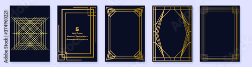 Luxury art deco greeting card and invitation templates set. Decoration geometric ornament. The gold texture on dark background. 