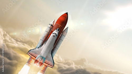 Fototapeta Naklejka Na Ścianę i Meble -  Space shuttle in the clouds. Launch of spaceship from Earth planet. Space wallpaper. Elements of this image furnished by NASA