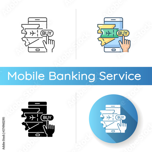 Buying tickets online icon. Service for booking airplane ticket. Mobile app for digital money transaction. Linear black and RGB color styles. Isolated vector illustrations