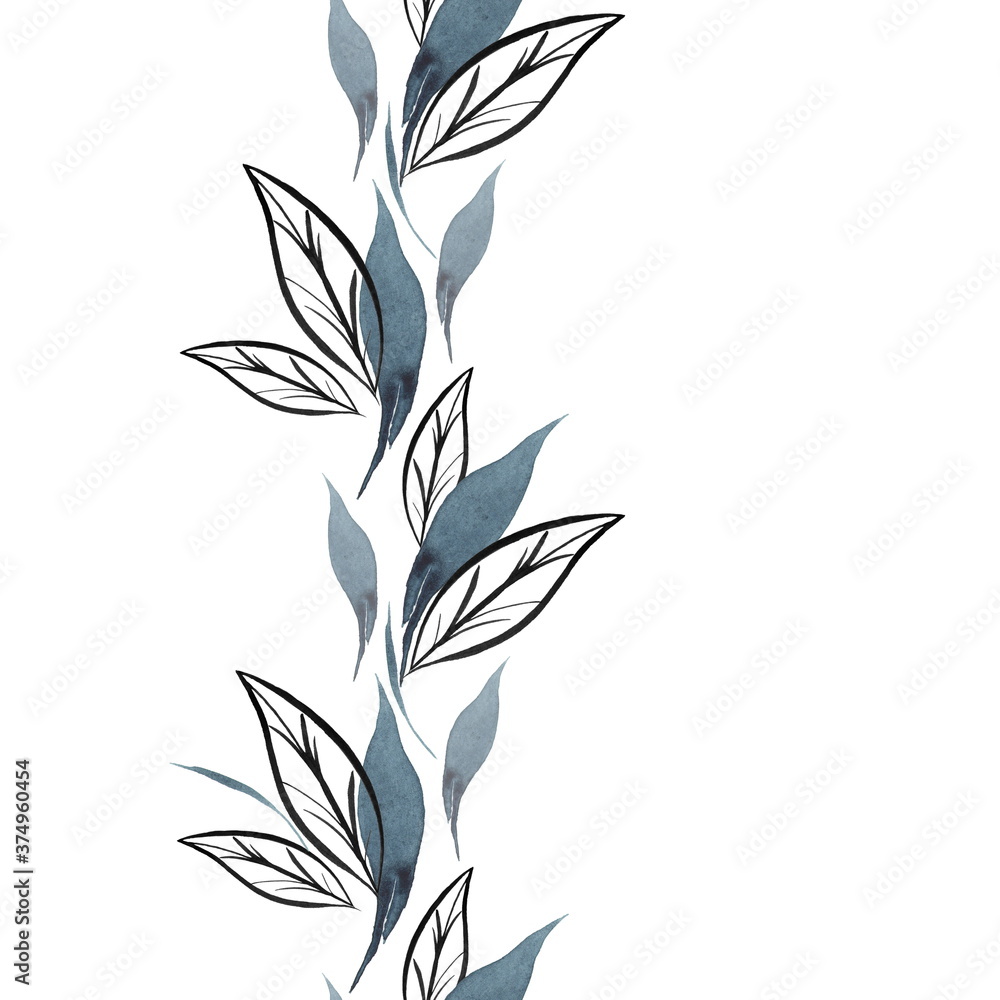 Seamless border of abstract leaves. Isolated on white. Watercolor illustration, hand drawing