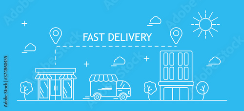 Fast delivery service door to door. Food delivery and online order concept vector for app, web. Van route linear icon from store