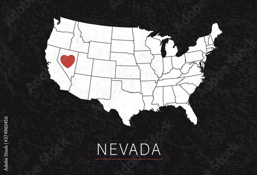 Love Nevada Picture. Map of United States with Heart as City Point. Vector Stock Illustration