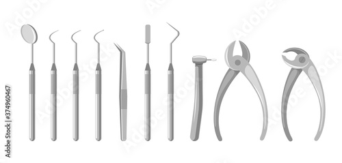 Professional Dental tools set for dentistry inspection and tooth healthcare equipment isolated on white background.  Vector flat illustration. Design for dental, dentist or stomatology clinic