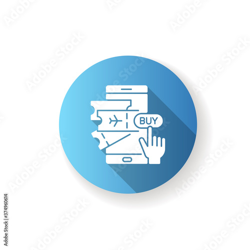 Buying tickets online flat design long shadow glyph icon. Service for booking airplane ticket. Mobile app for digital money transaction. Silhouette RGB color illustration