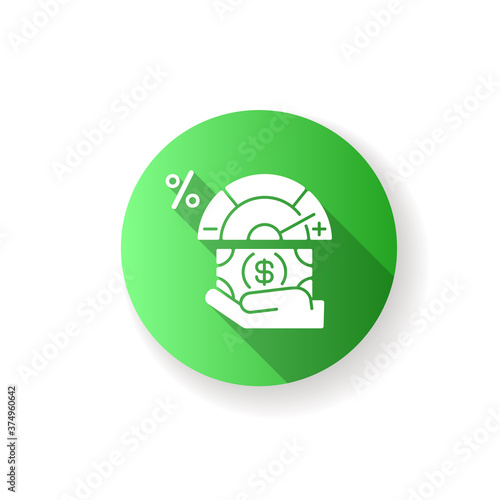 Credit score changing green flat design long shadow glyph icon. Getting bank loan. Creditworthiness analysis. Interest rate and credit risk measuring. Silhouette RGB color illustration