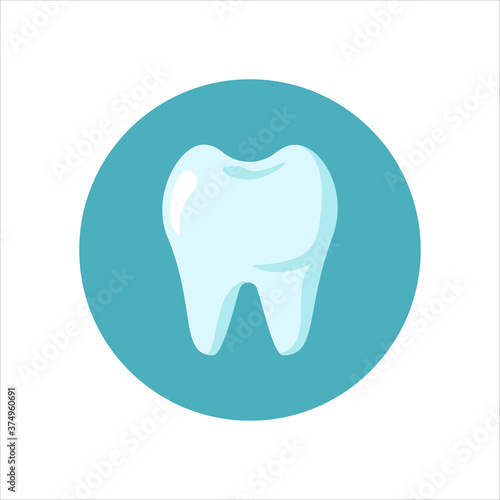Clean white teeth icon isolated on blue circle background. Dental care concept. Design for dental, dentist or stomatology clinic. Vector flat illustration