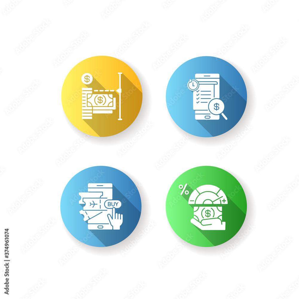 E banking service flat design long shadow glyph icons set. Transaction limit and history. Buying ticket. Credit score changing. Silhouette RGB color illustration E banking service flat design long shadow glyph icons set. Transaction limit and history. Buying ticket. Credit score changing. Silhouette RGB color illustration