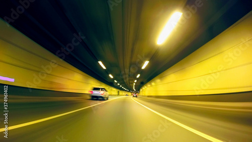 Fast city drive night road tunnel POV timelapse