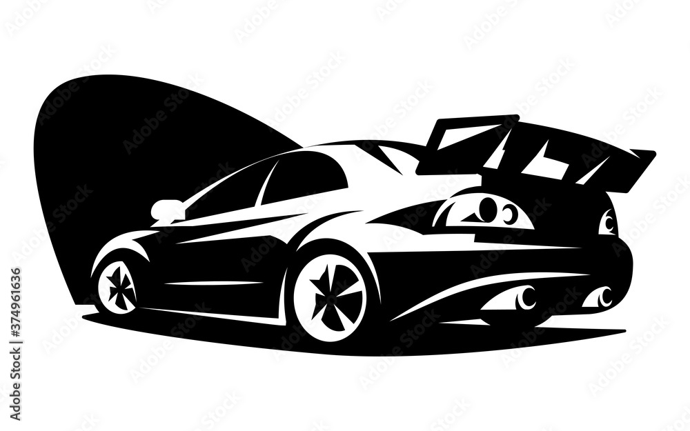 Black tuning sports car. Business card template. Element for design. Monochrome vector illustration