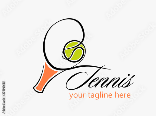 Vector Tennis Sport logo Design Template. Tennis Emblem Championship.  Tennis racquet with green ball shape concept.