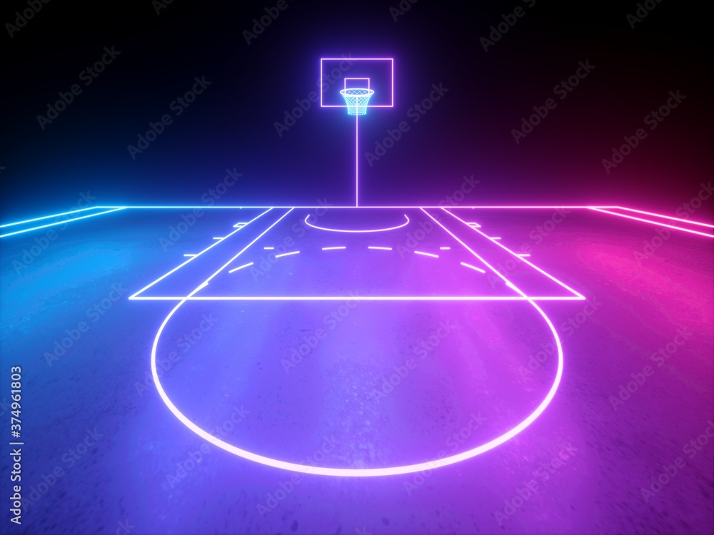 Fototapeta premium 3d render, violet blue glowing neon light, part of the basketball virtual playground, frontal view, sport field scheme, sportive game. Isolated on black background.