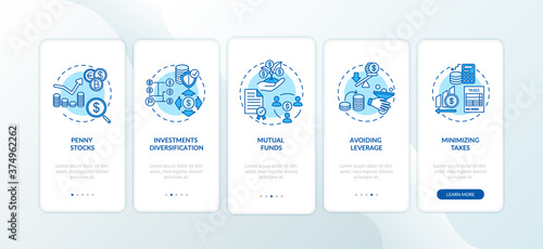 Business investment tips onboarding mobile app page screen with concepts. Finances management walkthrough five steps graphic instructions. UI vector template with RGB color illustrations