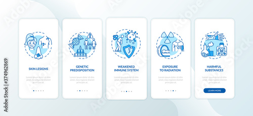 Skin cancer risk factors onboarding mobile app page screen with concepts. Exposure to radiation. Walkthrough 5 steps graphic instructions. UI vector template with RGB color illustrations