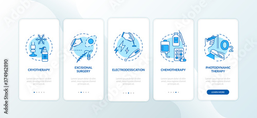 Skin cancer treatment onboarding mobile app page screen with concepts. Photodynamic therapy. Walkthrough 5 steps graphic instructions. UI vector template with RGB color illustrations photo