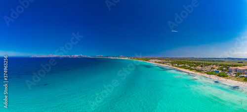 Aerial view of a coast line with beach in playa de Muro, Mallorca, Spain