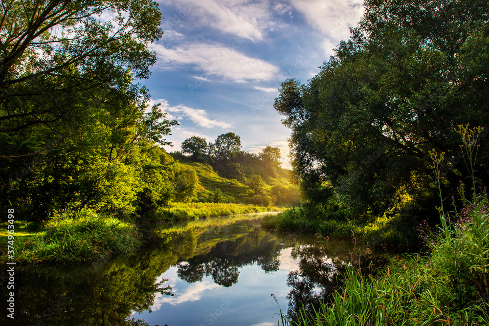 Beautiful morning on the river in the summer. Beautiful morning on the river in the summer.