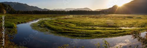 Obraz na płótnie Panorama of marshlands, mountains in early summer sunrise w salonie