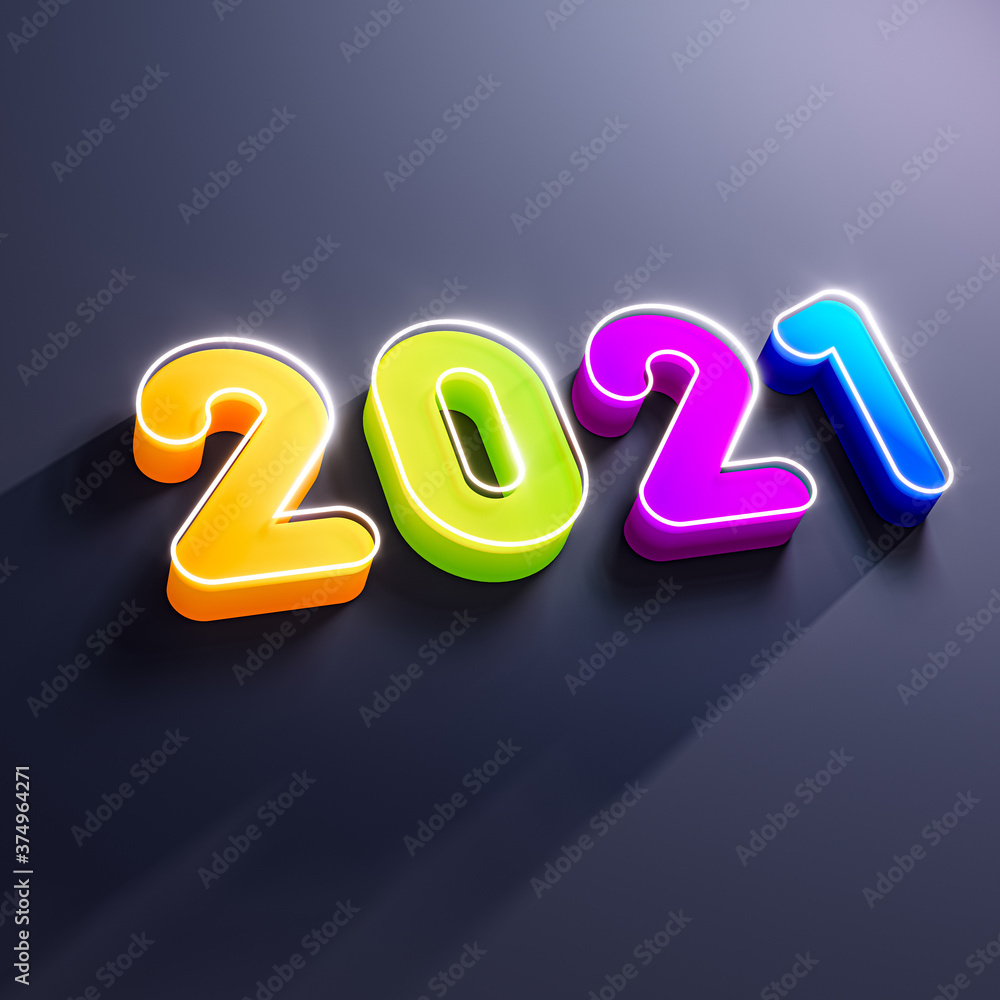 New year 2021 Neon digits. 3D geometry numeral 2021 isolated on dark background abstract concept. 3d rendering New year 2021 Neon digits. 3D geometry numeral 2021 isolated on dark background abstract concept. 3d rendering