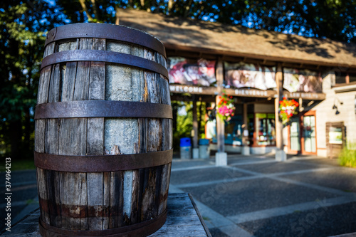 Closeup of old heritage wooden barrel, Fort Langley