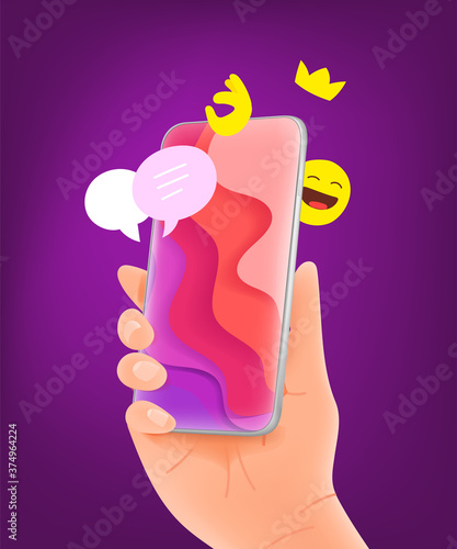 Hand holding modern modern smartphone with social media elements