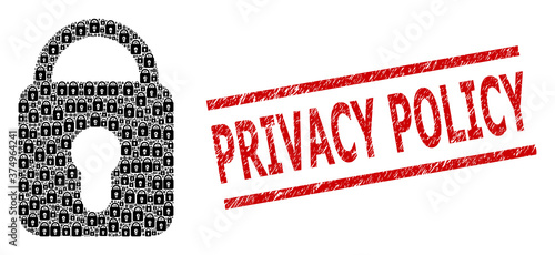 Recursion collage locked and Privacy Policy corroded stamp. Vector mosaic is organized with randomized locked parts. Stamp includes Privacy Policy caption between parallel lines.
