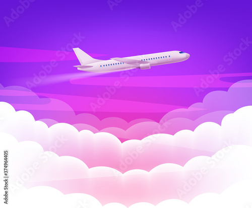 Pink sky and modern airplane with cute white clouds background