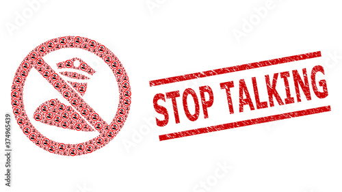 Recursion collage no policeman and Stop Talking rubber seal. Vector collage is made from repeating no policeman elements. Seal includes Stop Talking title between parallel lines.