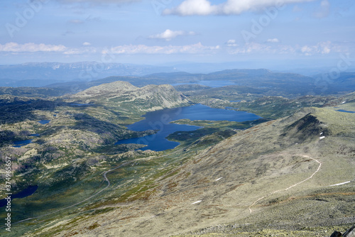 Breathtaking view with the hiking trail leading to the Gaustatoppen mountain top, Tuddal, Norway