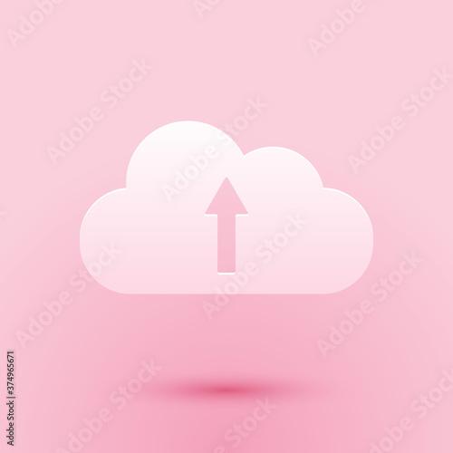 Paper cut Cloud upload icon isolated on pink background. Paper art style. Vector.