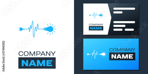 Logotype Wire plug and light bulb icon isolated on white background. Plug, lamp and cord in the form of heartbeat. Concept of Electricity and lighting. Logo design template element. Vector.