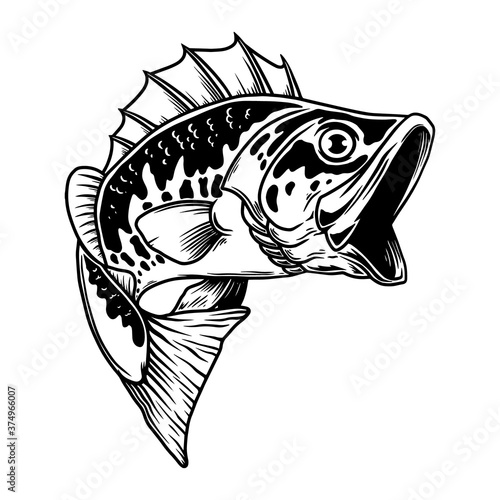Illustration of bass fish. Big perch. Perch fishing. Design element for logo, emblem, sign, poster, card, banner. Vector illustration