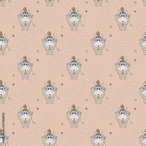 New year seamless pattern. Christmas pattern with a cute horned animal - a cow with a haircut and a bell on her neck on a pink background. Symbol of 2021. For festive design and decoration. Vector