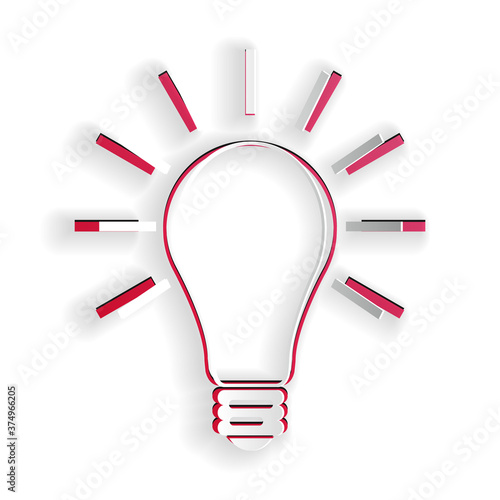 Paper cut Light bulb with rays shine icon isolated on white background. Energy and idea symbol. Lamp electric. Paper art style. Vector.
