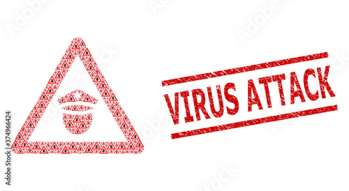 Recursion collage police danger and Virus Attack dirty seal. Vector collage is created from randomized police danger icons. Seal includes Virus Attack title between parallel lines.