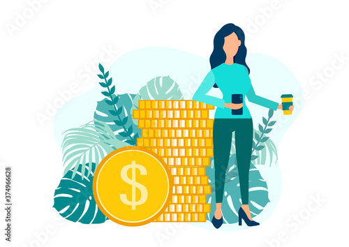 Woman with a mobile phone on the background of coins. Financial transactions, non-cash payment transactions. Vector illustration