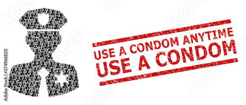 Fractal collage police patrolman and Use a Condom Anytime corroded stamp seal. Vector collage is organized with randomized police patrolman parts.