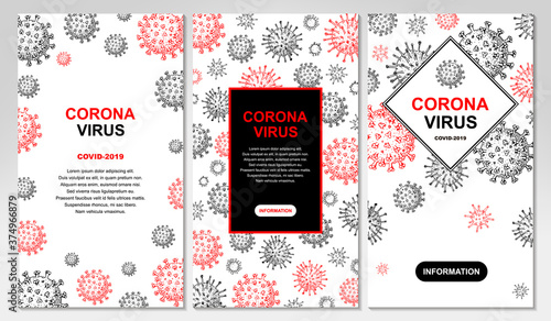 Pack of vertical virus design with hand drawn elements for banners, social media stories, cards, leaflets. Microscope virus close up. Vector illustration in sketch style. COVID-2019
