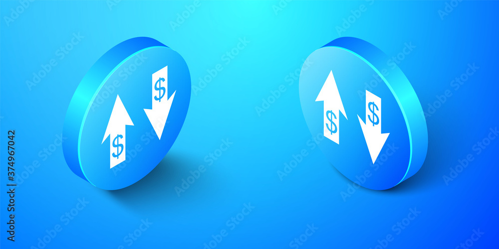 Isometric Up and Down arrows with dollar symbol icon isolated on blue background. Business concept. Blue circle button. Vector. Isometric Up and Down arrows with dollar symbol icon isolated on blue background. Business concept. Blue circle button. Vector.