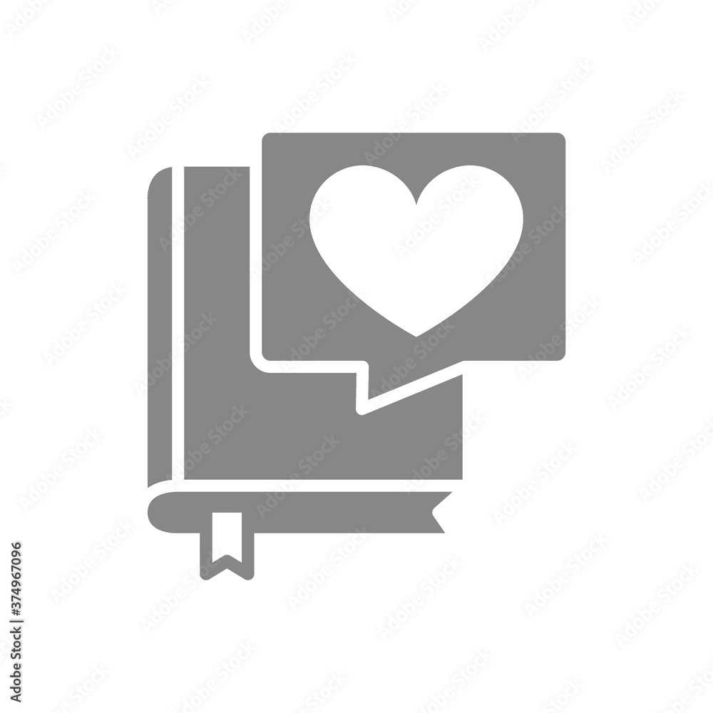 Book with heart in chat bubble grey icon. Good literature, best choise symbol. Book with heart in chat bubble grey icon. Good literature, best choise symbol.
