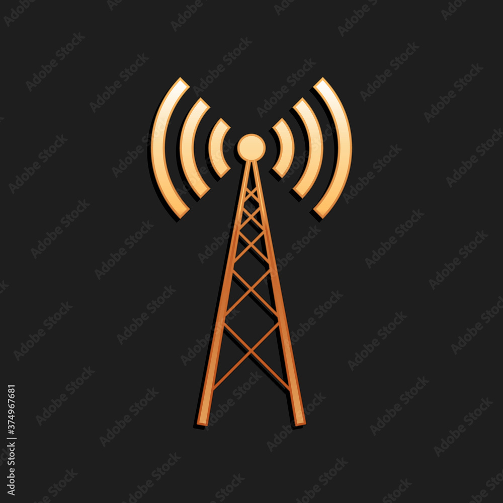 Gold Antenna icon isolated on black background. Radio antenna wireless. Technology and network signal radio antenna. Long shadow style. Vector. Gold Antenna icon isolated on black background. Radio antenna wireless. Technology and network signal radio antenna. Long shadow style. Vector.