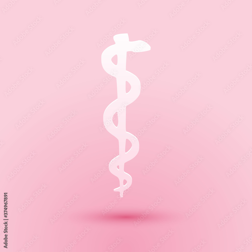 Paper cut Rod of asclepius snake coiled up silhouette icon isolated on pink background. Emblem for drugstore or medicine, pharmacy snake symbol. Paper art style. Vector. Paper cut Rod of asclepius snake coiled up silhouette icon isolated on pink background. Emblem for drugstore or medicine, pharmacy snake symbol. Paper art style. Vector.