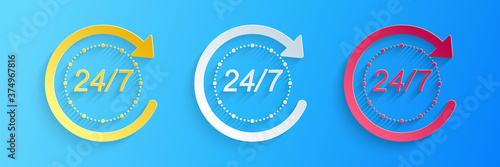 Paper cut Open 24 hours a day and 7 days a week icon isolated on blue background. All day cyclic icon. Paper art style. Vector.