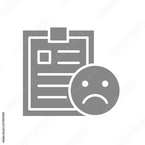 Document with sad face gray icon. Negative feedback symbol.
