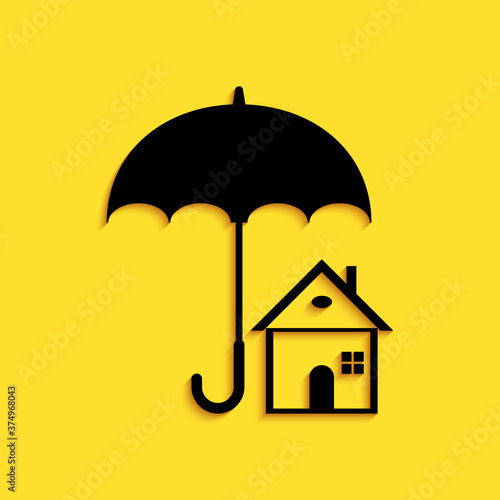 Black House with umbrella icon isolated on yellow background. Real estate insurance symbol. Protection, safety, security, protect, defense concept. Long shadow style. Vector.
