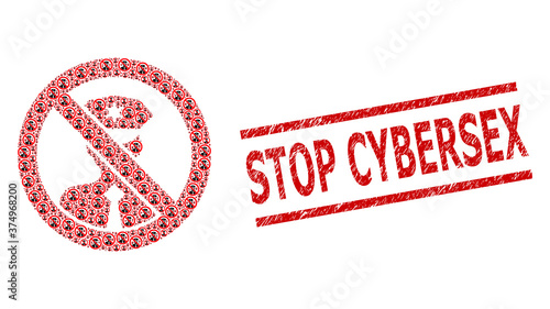 Recursion collage stop policeman and Stop Cybersex scratched seal. Vector collage is formed from randomized stop policeman parts. Seal includes Stop Cybersex tag between parallel lines.