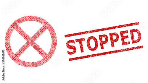 Fractal composition stopped and Stopped rubber stamp seal. Vector collage is designed of random stopped items. Stamp seal includes Stopped text between parallel lines.