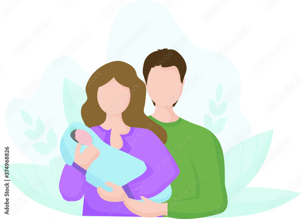 Obraz premium Family with a newborn child. A woman's mother holds a small child in her arms, a man's father holds them firmly. Concept of motherhood and fatherhood, family values. background of leaves with nature. 
