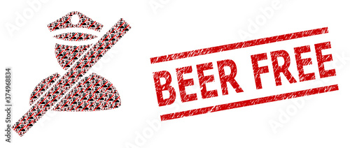 Recursion mosaic wrong police man and Beer Free dirty stamp. Vector mosaic is designed of random wrong police man icons. Stamp seal includes Beer Free text between parallel lines.